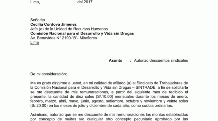 Autorización descuento | Sindicato de Trabajadores - DEVIDA