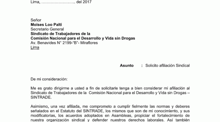 Solicitud De Afiliacion Al Sintrade Sindicato De Trabajadores Devida